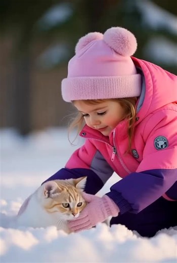 Little girl playing with cat in the snow. #catlovers #cat #foryoupage❤️❤️ #catsoftiktok #cute