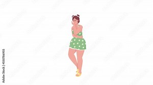 Animated happy curvy woman character. Body acceptance and positivity. Full body flat person on white background with alpha channel transparency. Colorful cartoon style HD video footage for animation