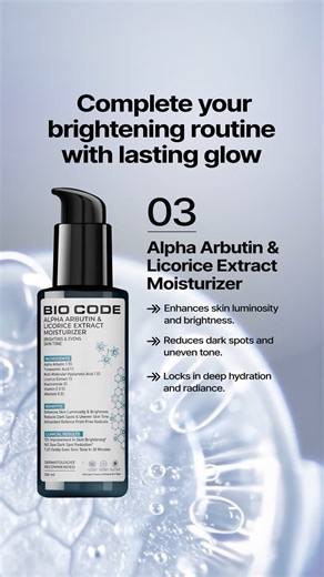 BIO CODE on Instagram: "Visible proof of science in action.​ Clinically validated results reveal that 94% reported reduced dark spots in just 7 days, with up to 16.1% improvement in skin tone within 4 weeks, and 7.4% visibly more even tone in only 30 minutes. Powered by Alpha Arbutin, Tranexamic Acid, and Niacinamide, Bio Code’s AI-optimized brightening system works at the molecular level to target pigmentation, boost clarity, and restore balanced radiance.​ Follow with Bio Code Alpha Arbutin & 