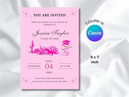Editable Pink Cowgirl Graduation Party Invitation, Western Grad Party Invitation, Minimalist Graduation Announcement Template - Etsy