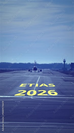Airplane taxiing, preparing for departure, on a runway with ETIAS 2026 text, symbolizing the upcoming implementation of the European Travel Information and Authorization System for seamless travel
