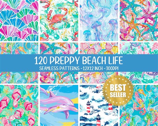 120 Preppy Sea Life Mermaid Coral Lighthouse Repeating Pattern - Digital Paper - Sealife Design - Seamless Ocean Pattern Floral Gift for Her - Etsy