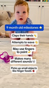 Hooray! 🎉 Your baby is 9 months old. In the first year, babies learn and grow at an astonishing pace! Here are some milestones you can expect to see by the ninth month. P.S. - All babies develop differently, so if you baby doesn't hit every milestone during a certain time period, it is okay. ❤️ | BabyCenter
