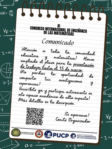 AMPLIACIÓN DE FECHA DE ENTREGA DE TRABAJOS 📅 Fechas importantes: - Envío de contribuciones HASTA EL 15 DE MARZO. - Desarrollo del congreso 3, 4 y 5 de agosto de 2026. 📍 Huancayo – Perú 📷 Informes: xi.ciem.cmi.uncp@gmail.com 📞 51 964 634 551 | 51 997 630 233 📝 Descarga las plantillas para presentar tu trabajo aquí: https://docs.google.com/forms/d/e/1FAIpQLSfMjP3ROOqzYmRY1wzc53ytsUDOmMMXAvHMKjcRkI3FNP073g/viewform 📝 Descarga Brochure del congreso: https://drive.google.com/file/d/1UGeWKNjjC1a