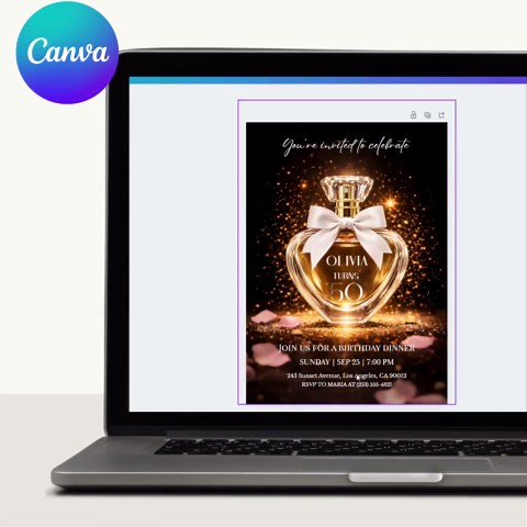 Perfume Bottle 50th Birthday Invitation, Black Gold Women’s Birthday Dinner Invite, Milestone Party, Editable Canva Template - Etsy