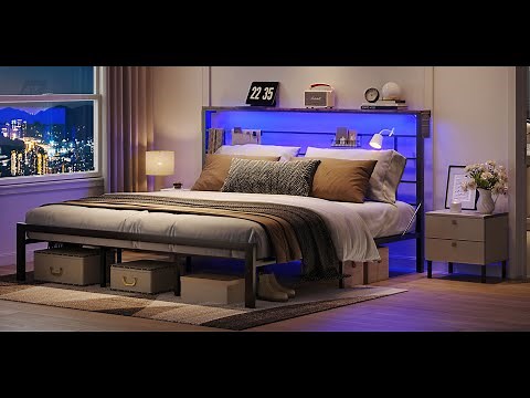 Bestier Bed Frame with RGB LED Lights Headboard Shelf
