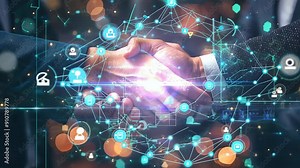 A handshake, Two hands shaking with a network of interconnected digital icons and nodes overlaying the image, symbolizing technology, connection, and business partnerships. data and technology future