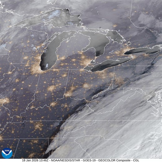 🛰️❄️ GOES satellite imagery is giving us a clear view of the post-frontal lake effect snow bands forming off the Great Lakes today. Persistent west-northwest winds will support lake effect snow through much of this week. https://www.weather.gov/safety/winter-lake-effect-snow | NOAA NWS Weather Prediction Center