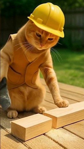 Construction Cat Hard at Work – Sawing Wood Like a Pro! 🐾