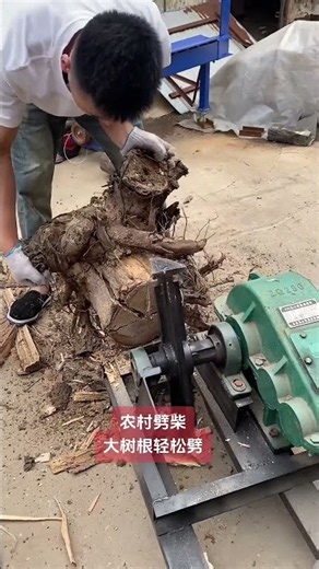 Electric wood splitter splits big tree roots #Rural life #Wood splitting miracle