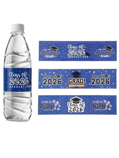 24pcs 2026 Graduation Water Bottle Labels Stickers, Bule Graduation Season Bottle Labels With Graduation Cap Pattern, Grad Party Decorations Bottle Wrappers, Class Of 2026 Graduation Party Gift Packaging Labels, Graduation Prom Party Decor, Graduation Ceremony Decor, Congratulations Graduation Celebration Decor, Grad Party Favors | SHEIN