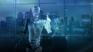 Artificial intelligence works with satellite communications hologram. 3D render