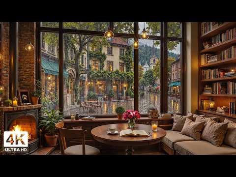 Relaxing Rainy Nights Coffee Shop ☕ Gentle Jazz Music & Crackling Fireplace for Study & Work