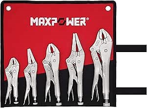 MAXPOWER 5-Piece Locking Pliers Set, Long Nose Pliers 9 Inch and 6 Inch, Curved Jaw Locking Plier 10 Inch 7 Inch and 5-Inch (Kitbag Included)