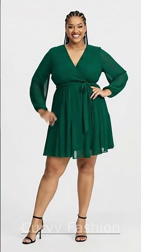 Trendy Plus Size Fashion - Green Chiffon Surplice Mini Dress #curvyfashion