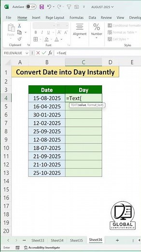 Excel Date Decoder 😎 | Instantly Reveal the Day Name! 🗓️ #excel #exceltips ‪@GlobalComputerWorld‬