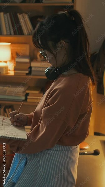 Vertical side pan shot of gen Z girl creating storyboard of new film and guy packing filmmaking equipment before leaving dorm for shooting. Students from film college preparing graduate project