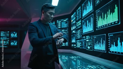 man walking in suit through control room. monitor and screen display graph and chart on dashboard. data analytics and technology populate interface and panel for finance monitoring. trendline metric.
