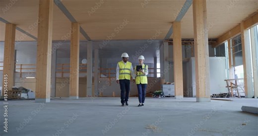 Engineers Walk Through Commercial Building Under Construction, Reviewing Structural Details and Discussing Quality Standards, Sustainable Real Estate Development, Business or Residential Property