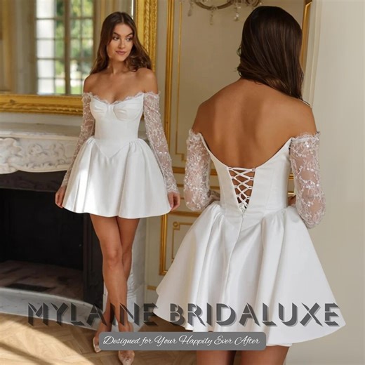 Custom Made Short Wedding Dress With Sweetheart Neckline off Shoulder Corset Back Satin Mini Reception Dress Fit and Flare Bridal Gown - Etsy