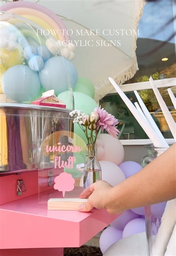 How I make custom acrylic signs with my Cricut for my parties and the different stations! Super easy and a detail to not be missed! Which station has been your favorite so far - favors station, mimosa bar, vermicelli bar, charcuterie cart, cotton candy station or taco bar? Everything is linked on my AMZ page under “Crafting”! #cricutprojects #acrylicsign