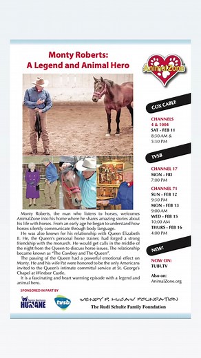 Season 9, Episode 2 Take a journey through the life and times of Monty Roberts, the man who listens to horses, with AnimalZone's host, Arthur von Wiesenberger. Find your time and station on animalzone.org/program-schedule. Seasons 6 & 7 are now available on Tubi. We want to offer a special shout-out to our friends at TV Santa Barbara (TVSB) and the Santa Barbara Humane. #animalzone #montyroberts #horsetrainer #queenelizabeth