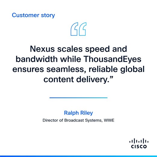 No buffering—just brawling. 💪 For WWE, network failure is a showstopper. Speed, bandwidth, and flawless content delivery are critical. Learn how Cisco Nexus and ThousandEyes are their undisputed champions at every event. Read their story ⬇️ https://cs.co/6182fvNqI #WWE #CiscoDCC #ThousandEyes | Cisco Data Center and Cloud