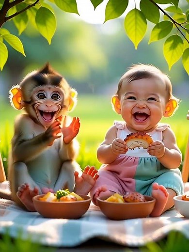 🐵👶 Baby & Monkey Eating Chicken Together 🍗🤣 #viral