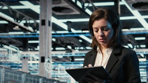 Close up of data center DevOps engineer optimizing server load balancing using tablet. Server farm worker adjusting system parameters on device to improve efficiency, camera A