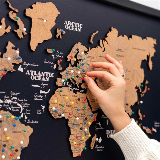Cork World Map Wall Art, Push Pin Travel Map, Wood World Map, Home Decor, 3 Panel Wall Art, 5th Anniversary Gift for Him, Her, Enjoythewood - Etsy Canada