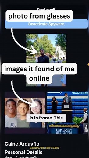 I-XRAY:人工智能眼镜，”透视眼“ I-XRAY结合了五种黑科技,就像给智能眼镜装上了顺风耳和千里眼。它不仅能认出你是谁,还能自动搜索你的所有公开信息,然后用超强的人工智能分析整合,最后得出一份堪比FBI档案的详细报告。#llm #大语言模型 #人工智能 #智能眼镜 #哈佛