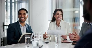 Group laughing, talking and business people in meeting with document for brainstorming ideas in office. Team, discussion and funny manager with joke, comedy and planning project strategy with CEO