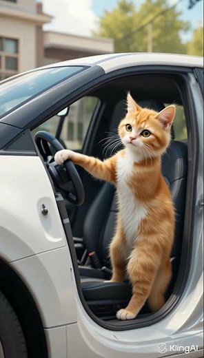 Funny Animated Cat Gets Into a Car Like a Driver