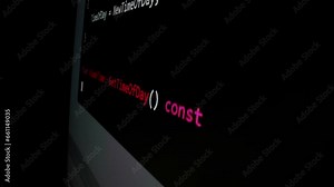 Closeup macro shot movement of coding script moving across LED screen with real-time AI-generated typing, showcasing advanced AI learning in optimization, debug and coding for software development.