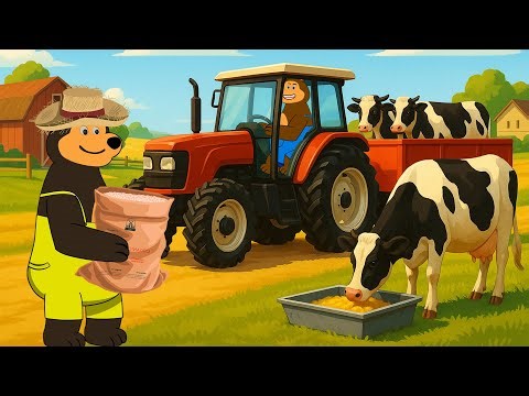 Sunny Bear Farm: Cartoon Bear Feeds Cows with Tractor 🐄🐻 | Funny Farm Animation
