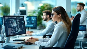 A team of programmers sitting in a modern office, working together on an open automation architecture project. Their screens show code for robotic systems Stock Video