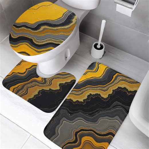 Toilet Mat Set of 3 Gold Black Marble, Non Slip Crystal Velvet Rug - Etsy