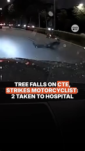 In the video, two motorcyclists are seen losing control and falling after a tree fell onto the expressway. One of the motorcycles skidded and produced sparks from the friction, while the other rolled to the opposite side of the expressway. https://asia1.news/4nmjrAI #sgnews #Singapore #Road #Accident #Motorcycle 📽️: Facebook/Far Ohh Fara | AsiaOne