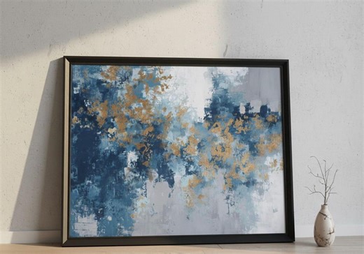 Abstract Blue and Gold Poster - Large Navy Blue Gold Leaf Canvas Print - Modern Coastal Texture Painting Premium Matte Paper Poster - Etsy