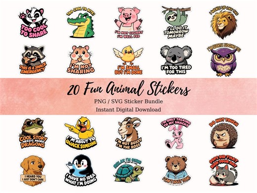 20 Funny Animal Stickers Bundle – Cute & Sarcastic Cartoon Animals, PNG and SVG Digital Stickers - Etsy