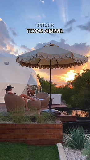 One of the most unique Texas glamping experiences! A Tulum and African inspired geodesic glamping dome! What makes them unique, is the domes can turn into a disco dream at night. Both have a rotating disco ball and a sound system. They also include a king bed, bathroom, full kitchen, fire place and soaking pool with incredible views! #texas #glamping #domes #airbnb