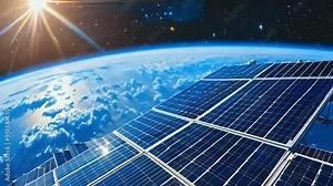 A solar panel array in space, capturing sunlight above Earth?s atmosphere. Stock Video
