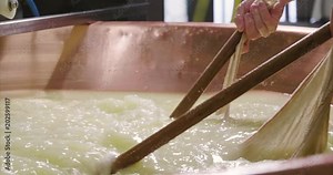 A cheesemaker prepares a form of Parmesan cheese using fresh and bio milk. The processing is done following the ancient Italian tradition.