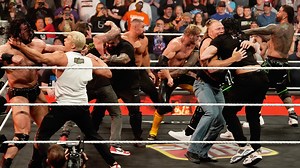 After Drew McIntyre and Logan Paul took down The Usos in a WarGames Advantage Match, the rest of the WarGames competitors including Roman Reigns, CM Punk, Cody Rhodes, Brock Lesnar, Bron Breakker and Bronson Reed engage in a huge brawl. | WWE