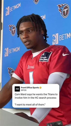 Front Office Sports on Instagram: "Titans QB Cam Ward says he wants the team to involve him in their head coach search. The 2025 first overall draft pick says President of Football Operations Chad Brinker and general manager Mike Borgonzi had spoken with him about his involvement in the search for the next head coach. The rookie quarterback expressed his commitment to the final decision, regardless of whether the new coach focuses on defense or offense. “I want to meet all of them,” Ward said. “
