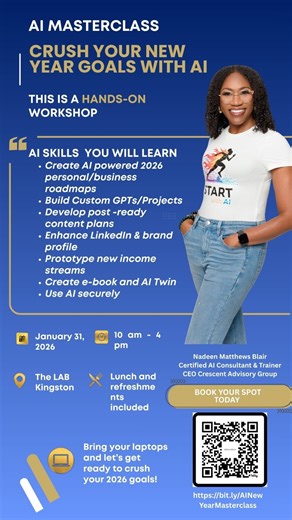 Nadeen Matthews Blair on Instagram: "Back by popular demand! I’ve added AI twin creation back to the Masterclass. This flyer features my AI twin that I created with Higgsfield AI. On January 31st in Kingston, you’ll learn this and other AI skills to crush your new year goals. You’ll leave with the skills to: >>Create AI powered 2026 personal/business roadmaps >>Build Custom GPTs/Projects >>Develop post-ready content plans >>Enhance LinkedIn & brand profile >>Create e-book >>Prototype for side hu