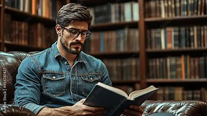 Young man reading while sitting on chair in the library. Self learning. Research and education
