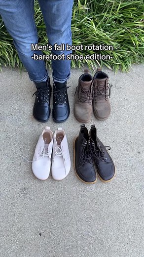 Men’s barefoot boots for fall (from back left to front right): 1 Black Crave Glasgow boots 2 Lems Boulder Summit Boots 3 Vivobarefoot Gobi III suede 4 Vivobarefoot Gobi boot Many barefoot shoes are unisex, so they often come in a large range of sizes to fit both men and women