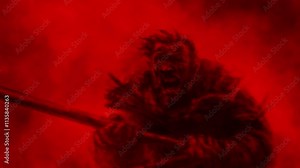 Evil obsessed man fights with warrior. 2D animation in horror fantasy genre. Creepy demon face laughing. Spooky character animated backdrop movie. Scary animated short film. Black and red background. Stock Video