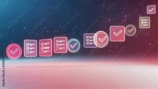 Streamlined checklist process with animated checkmarks for project management success and task completion in a dynamic workflow video
